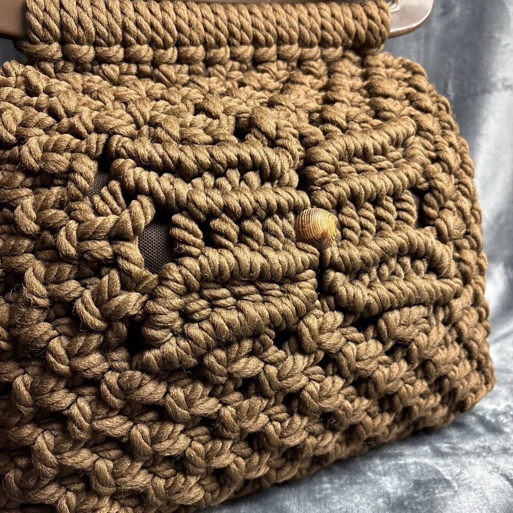Vintage Macrame‎ Woven Purse Brown Oversized Handles 60s 70s Retro Hippie Boho